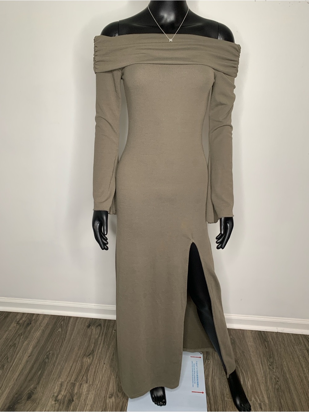 vestique Olive One-Shoulder Off-The-Shoulder Maxi Dress with Side Slit